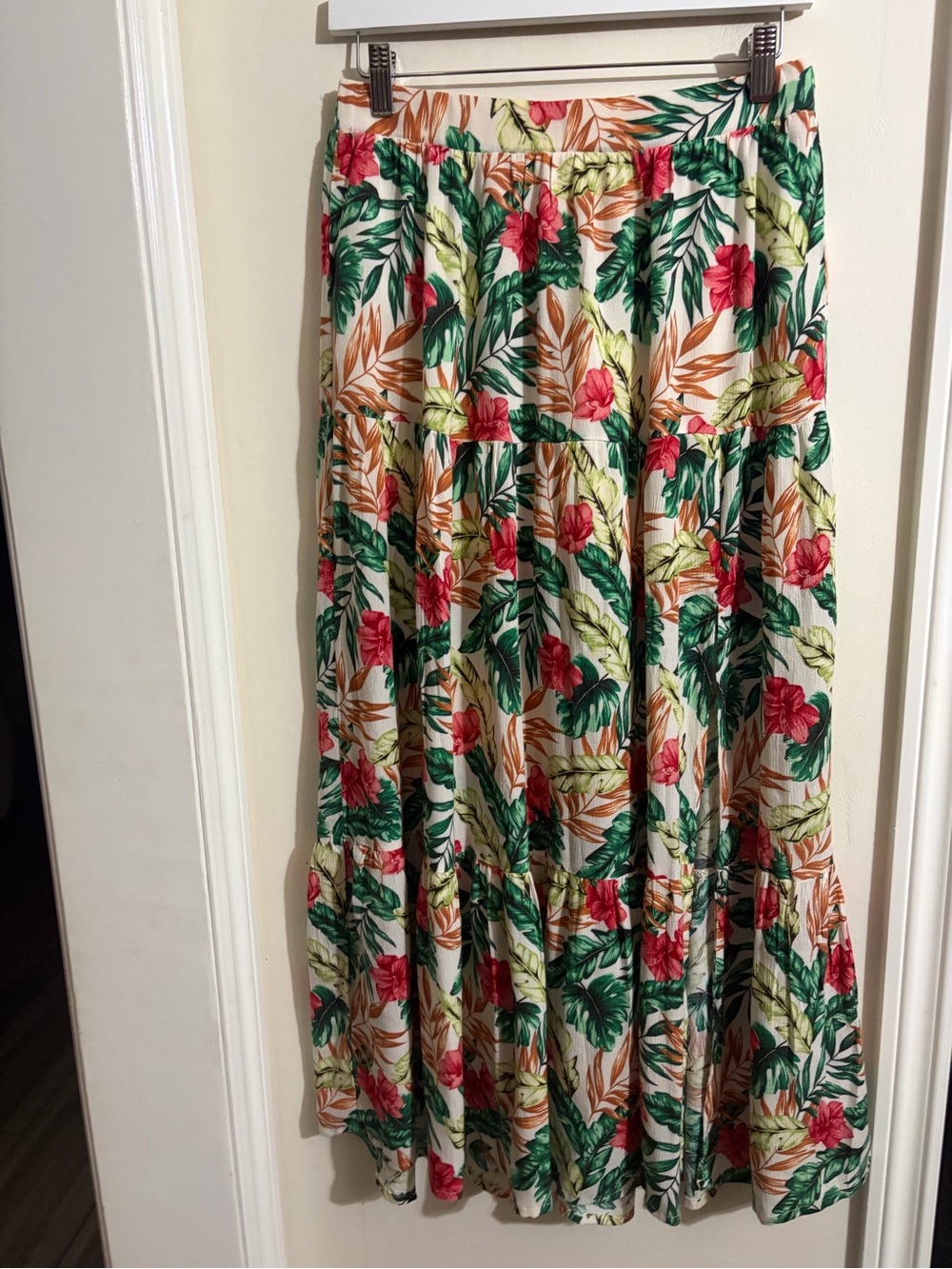 Blue Rain Tropical Floral Tiered Maxi Skirt - Cream, Green & Pink